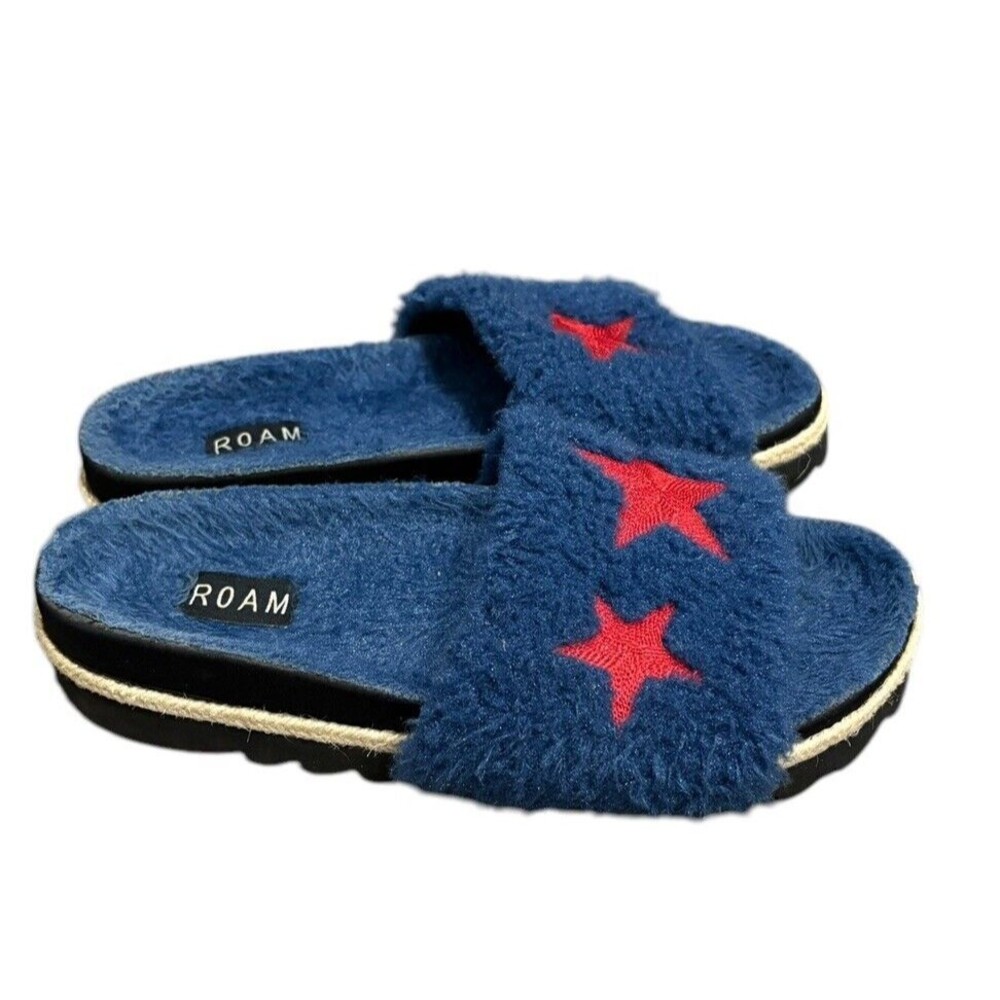 Roam Faux‎ Fur Slipper Slides Navy Size 9 Stars - Picture 3 of 6